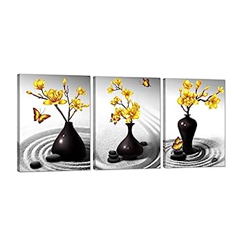 【中古】【輸入品・未使用】Zlove 3ピース スパ キャンバス ウォールアート イエローとグレー 花と蝶 禅石 写真 プリント 浴室 メッセージ ヨガ 部屋 壁装飾 枠張り済み す