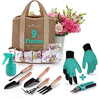 【中古】【輸入品 未使用】Garden Tools Set - 9 Piece Gardening Kit - Easy to Carry Tote Bag - Pretty Floral Design - Ergonomic Wooden Handle - Heavy Duty - Bonus