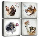 【中古】【輸入品・未使用】Byllyaz 動物キャンバスウォールアート グレーフレーム絵画 寝室の装飾用 抽象画 水彩画 かわいい猫 犬 蝶のプリント絵 子供 ...