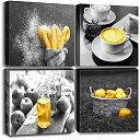 【中古】【輸入品・未使用】Oreichar Art Food ウォールアート ブラック&ホワイト コーヒー パン キャンバスプリント 絵画 黄色の絵 カフェ ダ...