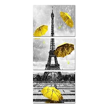 【中古】【輸入品・未使用】YeiLnm キャンバスプリント パリ エッフェル塔 壁アート 装飾 イエロー 傘 プリント 写真 アートワーク ロマンチックな絵画 モダン ホーム リビ