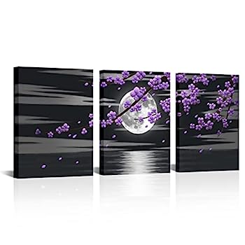 【中古】【輸入品・未使用】HOMEOART 3ピース パープル 梅の花 木の絵画 バスルーム装飾 壁アート 額入..