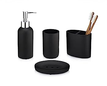【中古】【輸入品・未使用】Essentra Home マットブラックコレクション バスルームアクセサリー4点セット クロームポンプ付きソープディスペンサー 歯ブラシホルダー タンブ