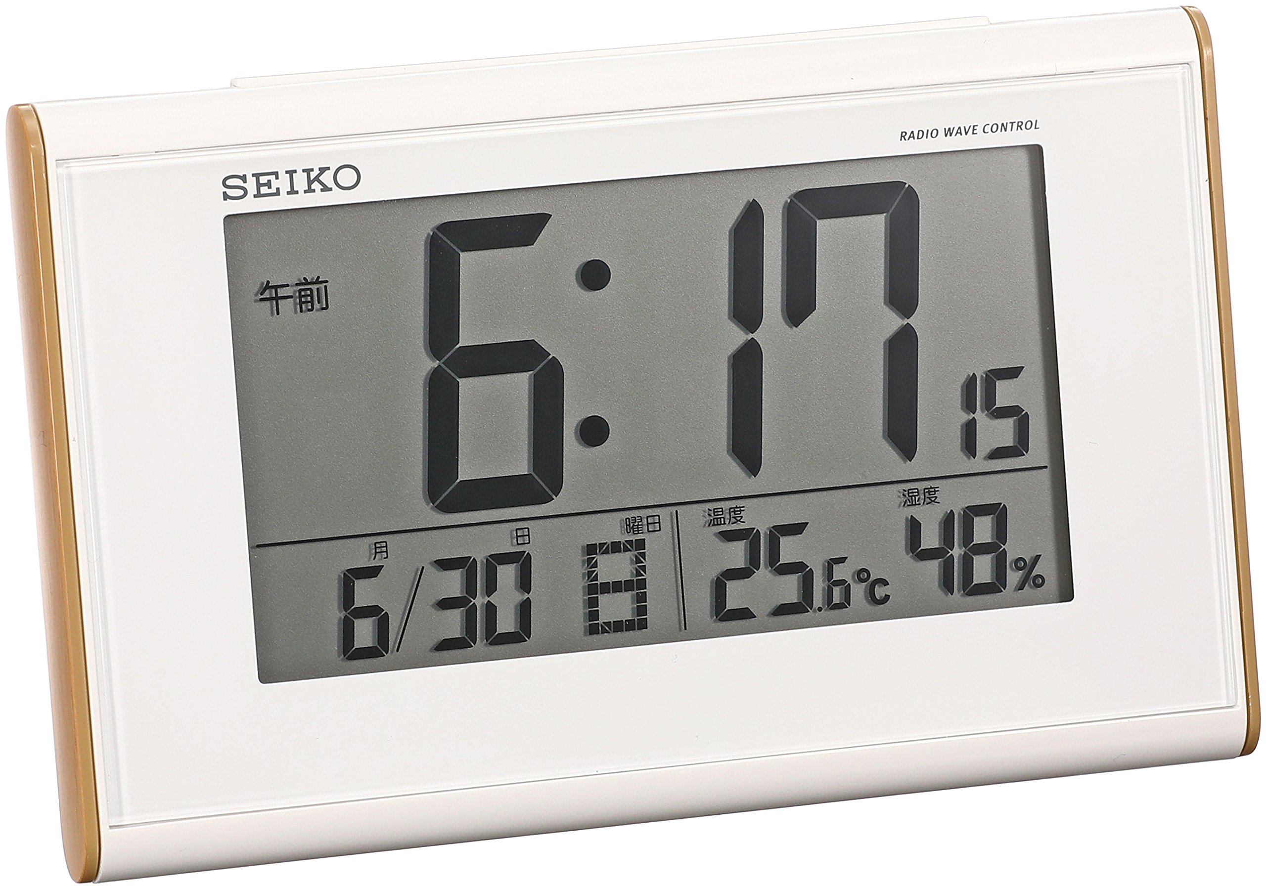 坐鐘 - 【中古】【非常に良い】セイコークロック(Seiko Clock) 目覚まし時計 電波 デジタル カレンダー 温度 湿度 表示 薄茶 木目 模様 SQ771B SEIKO ホワイト