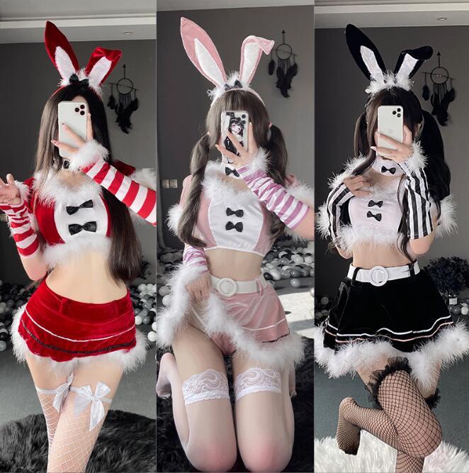 サンタ コスプレ 兎耳カチューシャ付き 6点セット レディース クリスマス コスチューム ショート丈 上下セットアップ ミニ丈 セクシー サンタ クロース 衣装 仮装 コスプレ Xmas 衣装 ベ