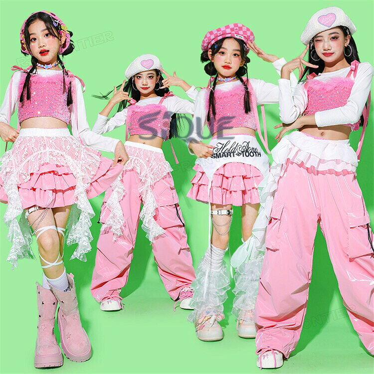 .k-pop 衣装 キッズ ダンス 衣装 へそ出し トップス 女の子 セットアップ ピンク レザースカート レザーパンツ スパンコール タンクトップ ワイドパンツ ジャズダンス 韓国 アイドル風 ヒップホップ ガールズ キッズダンス衣装 チアダンス 長袖 イベント 発表会 ステージ衣装 ダンス服 ジュニア キッズ用 衣装セット セクシー かわいい おしゃれ コンテスト 派手 人気 衣装セットアップ 子供服 チアガールズ ステージパフォーマンス衣装。