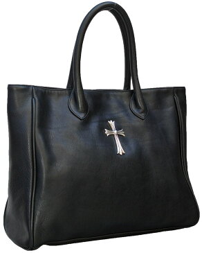 CHROME HEARTS BLACK LINED TOTE BAG W/LG CROSS クロムハーツ　FSレザー トートバッグ 　クロスパッチブラックレザー　シルバークロス