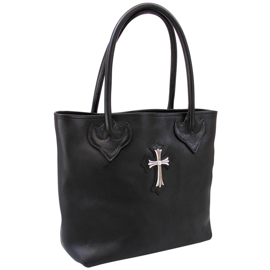 CHROME HEARTS BLACK LINED TOTE BAG W/LG CROSS クロムハーツ　FSレザー トートバッグ 　クロスパッチブラックレザー　シルバークロス