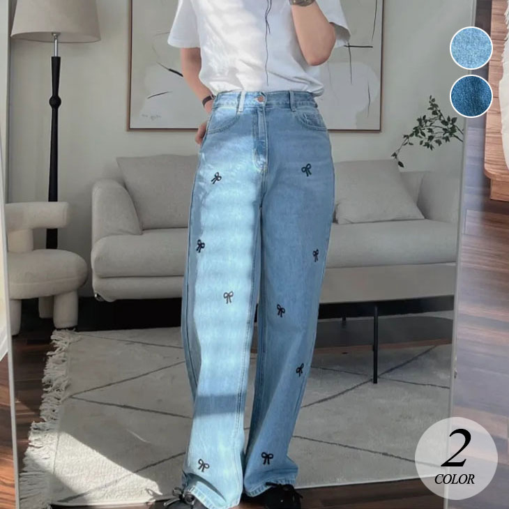 クーポン利用で半額★ リボン柄 デニム パンツ デニムパンツ レディース ジーンズ デニムパンツ 体型カバー リボンデニム ジーパン カジュアル 可愛い お洒落 ハイウエスト ボトムス 綿 コットン ブルー 春 夏韓国ファッションのサムネイル