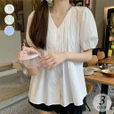 クーポン利用で半額★ Vネック 半袖 シャツ レディース シャツブラウス ふんわり ゆったり パフスリーブ ぽわん袖 お洒落 可愛い カジュアル 体型カバー シンプル 上品 清楚 韓国ファッション(4)