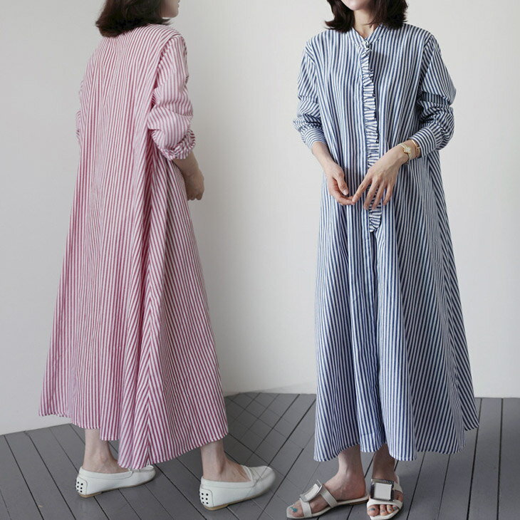 【クーポン利用で40％OFF】レディース ワンピース ストライプ ゆったり 体型カバー カジュアル ロング丈 マキシ 重ね着 可愛い おしゃれ【予約販売：9月15日に発送予定】のサムネイル