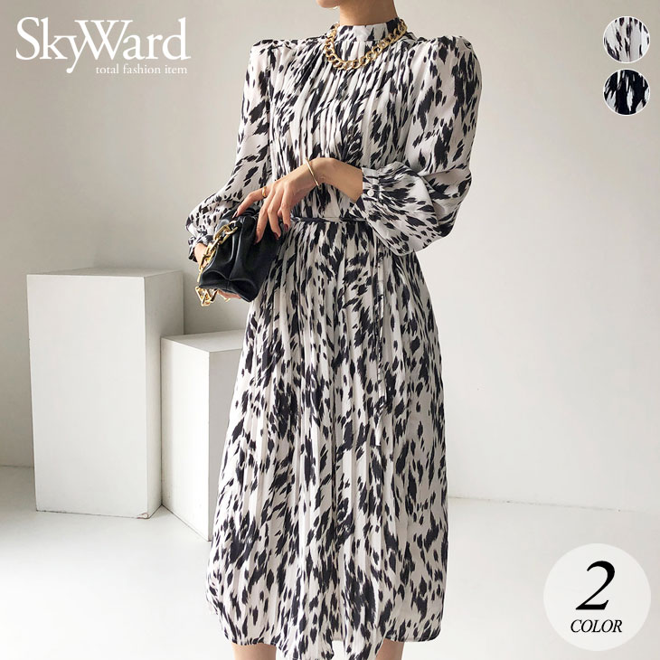 【即納】 アニマル柄 フレア ミモレ ワンピース ボリューム袖 パフスリーブ 長袖 プリーツ ロング ワンピ ゆったり 大きめ 可愛い フェミニン きれいめ 春 秋 冬 レディース 韓国ファッション