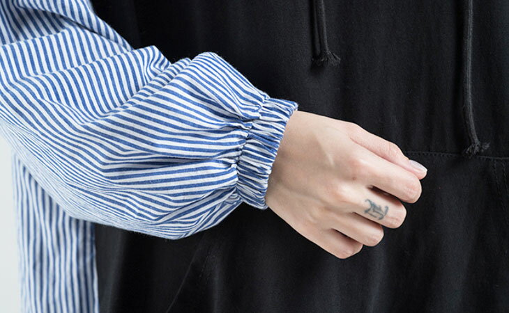 異素材 切替え チュニック 長袖 トップス パーカー シャツ フーディ プルオーバー ワンピース ゆったり 大きめ 長め丈 体型カバー 無地 ストライプ 可愛い フェミニン きれいめ 春 秋 冬 レディース 韓国ファッション