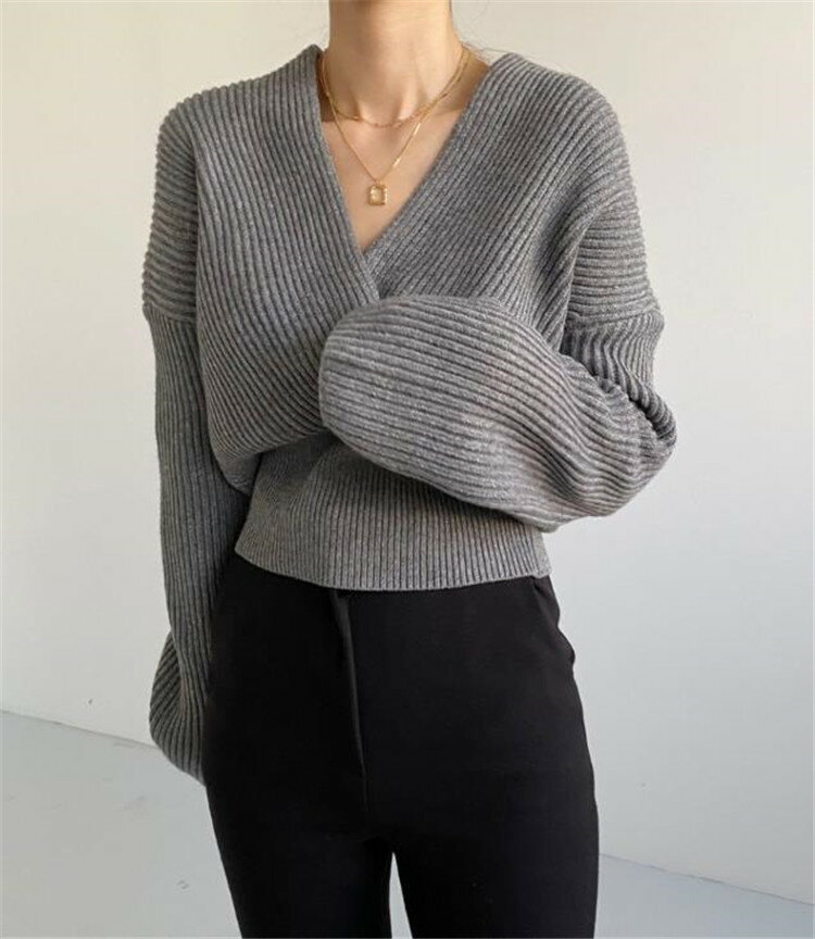 Vネック 交差する ハイウエスト 長袖 ニット セーター 女性らしいシルエット 韓国ファッション スリム