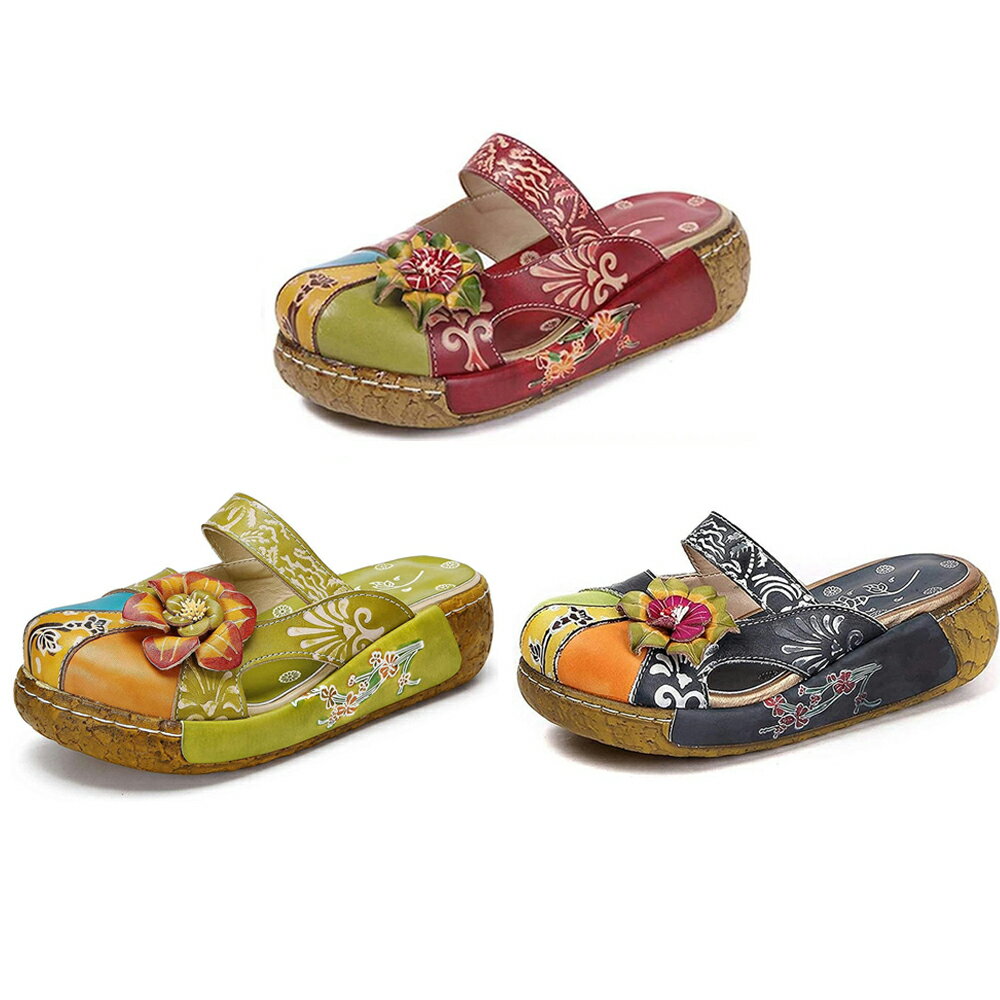 厚底サンダル レディース サボサンダル 歩きやすい 本革 花柄刺繍 婦人靴 22.5cm-26.0cm