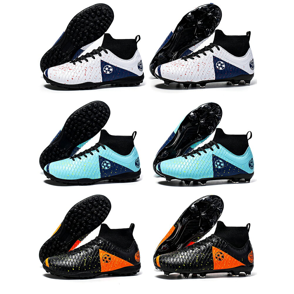 サッカートレーニングシューズ スパイク メンズ フットサルシューズ ジュニア プロ用サッカーシューズ レディース 人工芝用 人気 TF 室内 幅広 インドア 壊れた爪サッカーシューズ 男の子 女の子 軽量 練習 男女兼用 22.5cm-28.0cm サッカーには多くのランニング、回転、停止が必要であり、フットボールシューズは、バランスと安定性を維持できるように、十分なグリップ力が必要です。 軽量設計：ジュニアサッカー運動靴は軽量である必要があります。サッカー トレーニングシューズ軽量設計を採用しています、これにより、試合中により速く走り、より素早く移動することができ、疲労感やストレスを軽減することができます。サイドの立体的なデザインがシューズ本体のサポート力を高め、ボールをしなやかにコントロール。競技者に安全防震で軽量的な靴を提供して、脚への負担をやわらげまして、競争の勝率が高める。快適なフットサルシューズ：メンズサッカーシューズのアッパー生地は、耐久性、通気性、耐摩耗性に優れた高品質の合成皮革です。通気性と吸汗性が抜群、足を自由に呼吸させる。シューズ内の蒸れを抑え快適にトレーニングが行える。このサッカーブーツはあなたに良いコントロールと感触を提供することができ、あなたが運動しながら、リラックスして快適に感じることができます。 サッカーピッチでの高速走行に最適な設計で、安定したボールコントロールが可能です。それはサッカーの靴のための良い選択です。滑り止め：サッカーには多くのランニング、回転、停止が必要であり、フットボールシューズは、バランスと安定性を維持できるように、十分なグリップ力が必要です。壊れた爪サッカーシューズの靴底にゴムを使い、スパイク粒子の設計上、滑り止め機能を強化し、着地時の衝撃を分散させ、足の負担を軽減します。滑り止めと耐震機能に優れたクッション性で、耐摩耗性が抜群で、雨の日でも簡単に運動できます。フィット感：レディース室内サッカーシューズの便利なレースアップは、いつでもどこでも自由に締め付け感を調整します。そして、着脱が容易で、保護と快適な感覚を与えます。ハイトップのデザインと履き口に加え、伸縮性のあるアンクルガードで足をしっかり包み込み、スポーツ時の足のケガを効果的に防ぐことができます。 この商品は、快適性と機能性を両立した、優れたサッカーシューズです。競技者にとっては勝率を高めるための必要なアイテムとして、また、普段のトレーニングにも最適です。適用場合：品質だけでなく、見た目も重視し、さまざまなスタイルのジャージに合わせられるようにしています。靴のすべての部分は、経験豊富なデザイナーによってデザインされています。 靴の外側の色やストライプ、スタッズの長さや距離など、すべてのディテールは、デザイナーの継続的な実験による最高の結果となっています。年齢や性別を問わず、屋内および屋外のあらゆるフットボール競技場、土や自然の芝生での使用に適しており、人工芝にも適しています。 5