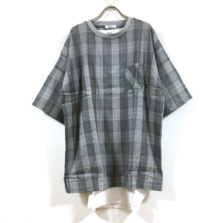 【 アウトレット 】【 2点セット 】 チェック柄 ビッグシルエット Tシャツ ＆ ロング丈 タンクトップ メンズ 【 送料無料 】 アンサンブル 半袖 五分袖 ドロップショルダー ビッグtシャツ アウター 無地 インナー モード ストリート系 カジュアル グレー ブラウン