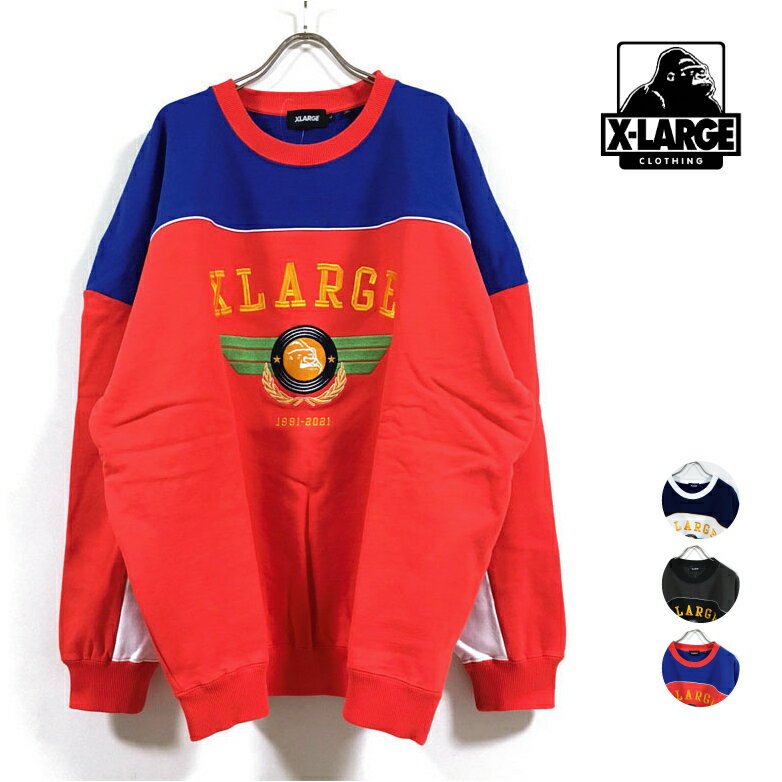 XLARGE エクストララージ PILOT LOGO PANELED CREWNECK SWEAT スウェット 長袖 メンズ 【 送料無料 】 ワイド ドロップショルダー ビッグシルエット ロゴ刺繍 トレーナー ストリート系 ブランド ワーク ヒップホップ スケーター ファッション 白 黒 赤 M L XL