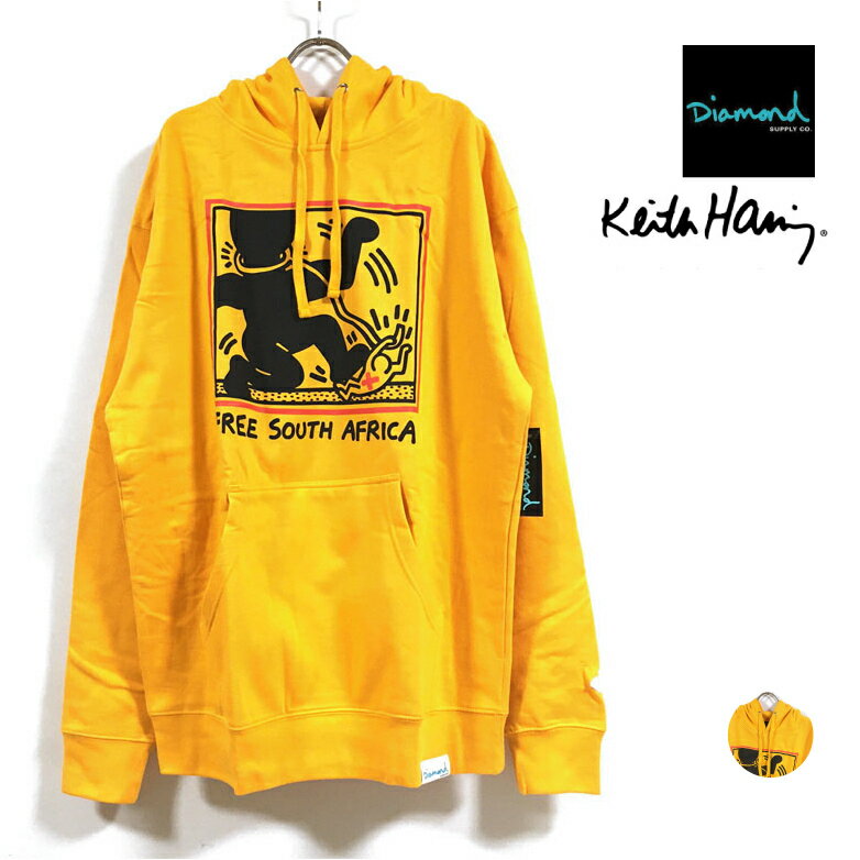 Diamond Supply Co. ダイヤモンドサプライ × Keith Haring キース ヘリング コラボ South Africa Hoodie パーカー 長袖 裏起毛 メンズ  フード スウェット トレーナー ストリート系 スケーター ファッション スケートボード ブランド 黄 イエロー USサイズ