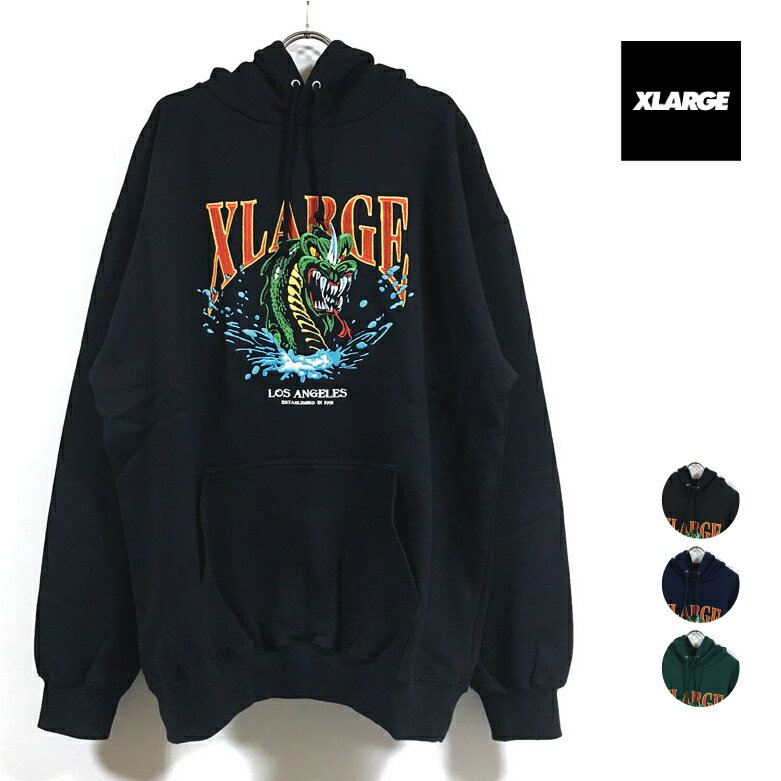 エクストララージ パーカー メンズ XLARGE エクストララージ DRAGON PULLOVER HOODED SWEAT パーカー 長袖 メンズ 【 送料無料 】 ドラゴン 刺繍 フード スウェット トレーナー 裏毛 ストリート系 ヒップホップ スケーター ファッション ブラック ネイビー グリーン M L XL サイズ