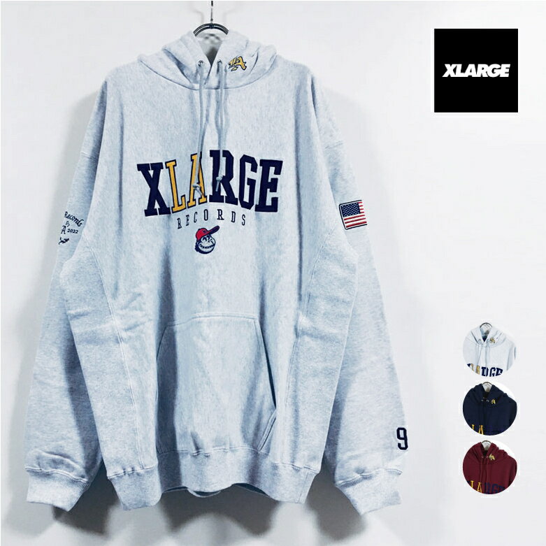 XLARGE エクストララージ XL LABEL SOUVENIR HOODED SWEAT パーカー 長袖 メンズ  刺繍 フーディー スウェット トレーナー 裏毛 ストリート系 ワーク ヒップホップ スケーター street hiphop fashion ファッション M L XL サイズ