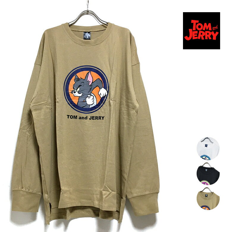 Long-Sleeved - TOM AND JERRY トムとジェリー トム サークル プリント オーバーサイズ 長袖 Tシャツ メンズ 【 送料無料 】 クルー 裾スリット ビッグシルエット ロンT トップス ストリート系 アメコミ アニメ ファッション ホワイト ブラック ベージュ M L XL サイズ