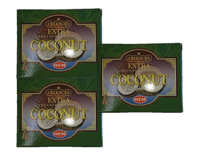 5のつく日はポイント10倍！！☆インドHEM社のお香☆★　エクストラ　ココナッツ　★お香コーン　3個セット1個あたり（10粒入り）コーンタイプ 送料無料定形外郵便※ポスト投函お急ぎの方は+100円のサムネイル