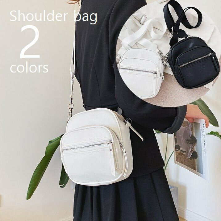 ショルダーバッグ ポシェット ミニショルダー レディース bag 鞄 ファスナー付 3ポケット 幅広ストラップ チェーンストラップ コンパクト ホワイト ブラック 可愛い おしゃれ