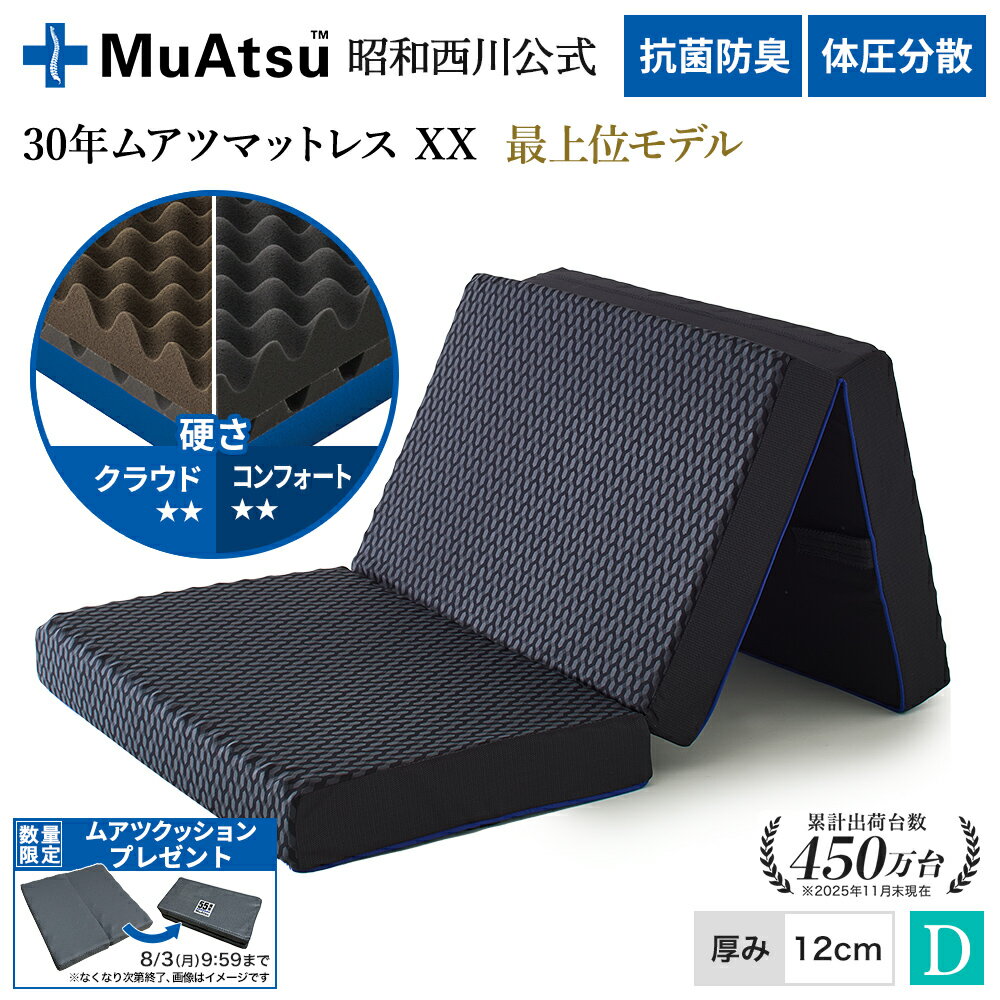 昭和西川 30年ムアツマットレス ダブルエックス XX クラウド コンフォート ダブル 三つ折り 敷布団 ウレタン 凹凸構造 3層構造 体圧分散 厚さ12cm 抗菌 防臭 通気性 グレー「ムアツクッションプレゼント対象」