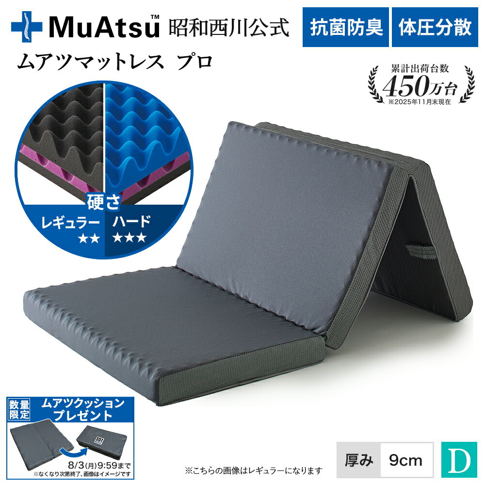 昭和西川 ムアツマットレス プロ ダブル レギュラー・ハード 三つ折り 敷布団 ウレタン 凹凸構造 3層構造 体圧分散 厚さ9cm 抗菌 防臭 通気性 側地洗濯可「ムアツクッションプレゼント対象」