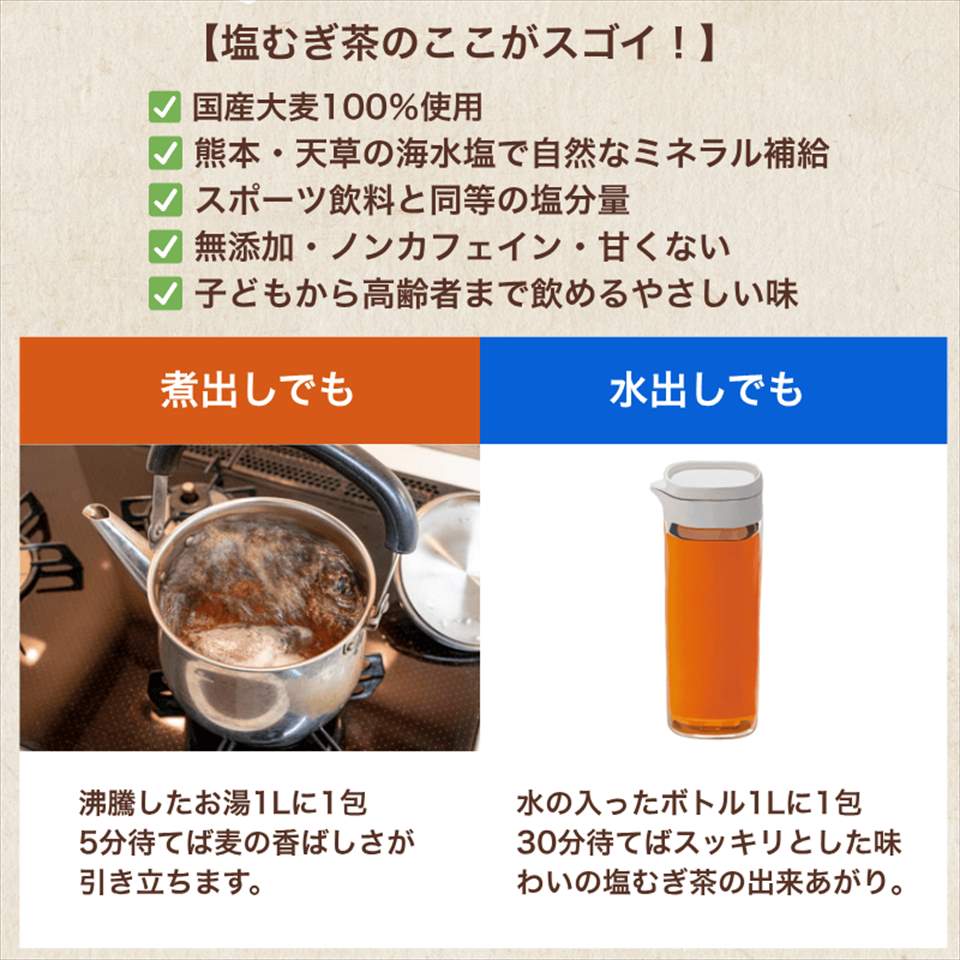 塩むぎ茶【1000円ポッキリ！送料無料】8g×20包 汗をかいた体に、やさしいご褒美。熊本天草の自然塩×国産大麦で作った塩むぎ茶（8g×20包）【ノンカフェイン・無添加】 slfarm-10000083 SLファーム サンプル画像3