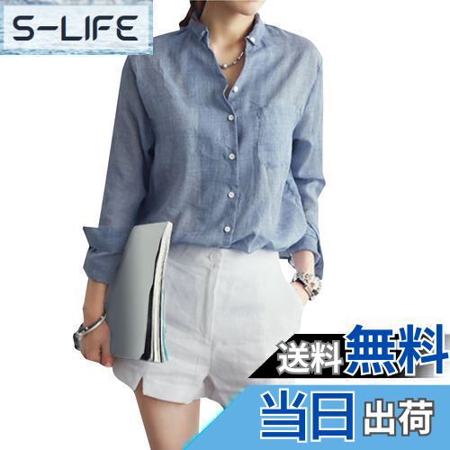 【送料無料】[MEME XTRA] シャツ レディース シアーブラウス リネンシャツ 長袖 UVカット トップス ボタンダウン 麻混 薄手 軽い 涼しい ラフ オシャレ 大人カジュアル 透け感 おしゃれ 羽織り 日焼け防止 紫外線対策 春 夏 色：デニムブルー、サイズ：M Regular