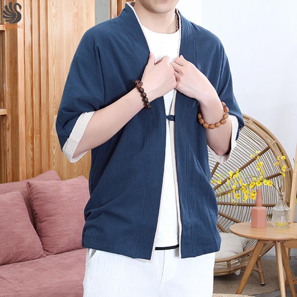 Bvaeocl 夏服 メンズ 和式 パーカー 五分袖 半袖 大きいサイズ tシャツ 甚平 和風 カーディガン 開襟シャツ ゆったり 無地 重ね着風 トップス 春 夏 秋 BV136 色：ブルー、サイズ：2XL