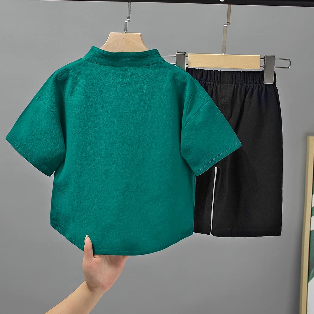 [KISBINI] 子供服 男の子 半袖Tシャツ+ハーフパンツ2点 夏服 麻綿 女の子 ボーイズ トップス+半ズボン 上下セット 普段着 キッズ カジュアル 部屋着 夏祭り 花火大会 海水浴 110 120 130 140 150 160 色：グリーン、サイズ：120