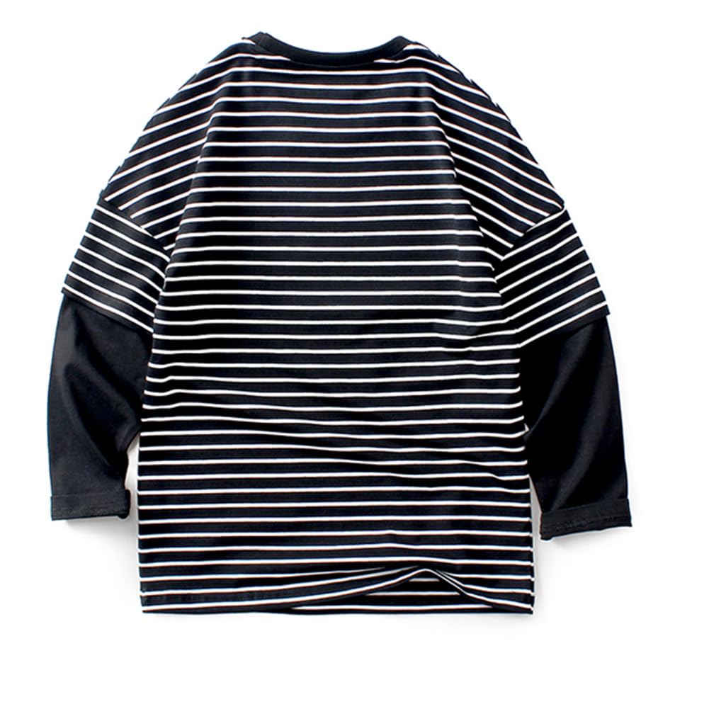 [KISBINI] 子供服 長袖 Tシャツ 男の子 カットソー キッズ 綿 トップス パーカー ボーダー ボーイズ 春秋冬 無地 ストライプ カッコイイ カジュアル ジュニア お洒落 120 130 140 150 160 色：ブラック、サイズ：120