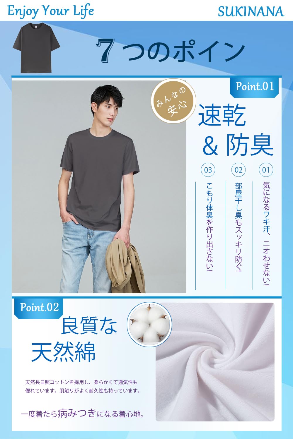 Sukinana インナーシャツ メンズ 5点セット 綿100% 抗菌 防臭 速乾 tシャツ 半袖 クルーネック 肌着 心地肌触り 無地 通気性 下着 シャツ 男女兼用 春 夏 秋 冬 色：グレー、サイズ：2XL