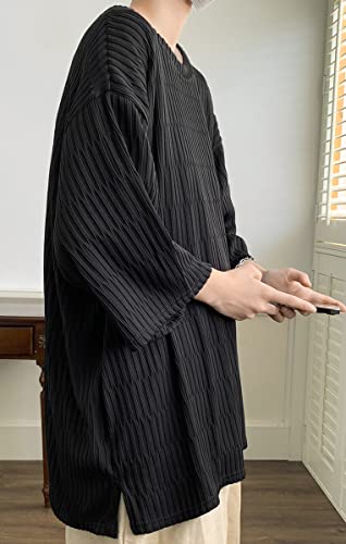 [foveitaa] 夏服 tシャツ メンズ 七分袖 接触冷感 おおきい サイズ ビッグシルエット ゆったり かっこいい 涼感 通気性 快適 ストリート 軽い 柔らかい 人気 無地 トップス カットソー シンプル オシャレ 色：#1892:ブラック、サイズ：L