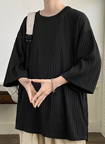 [foveitaa] 夏服 tシャツ メンズ 七分袖 接触冷感 おおきい サイズ ビッグシルエット ゆったり かっこいい 涼感 通気性 快適 ストリート 軽い 柔らかい 人気 無地 トップス カットソー シンプル オシャレ 色：#1892:ブラック、サイズ：L