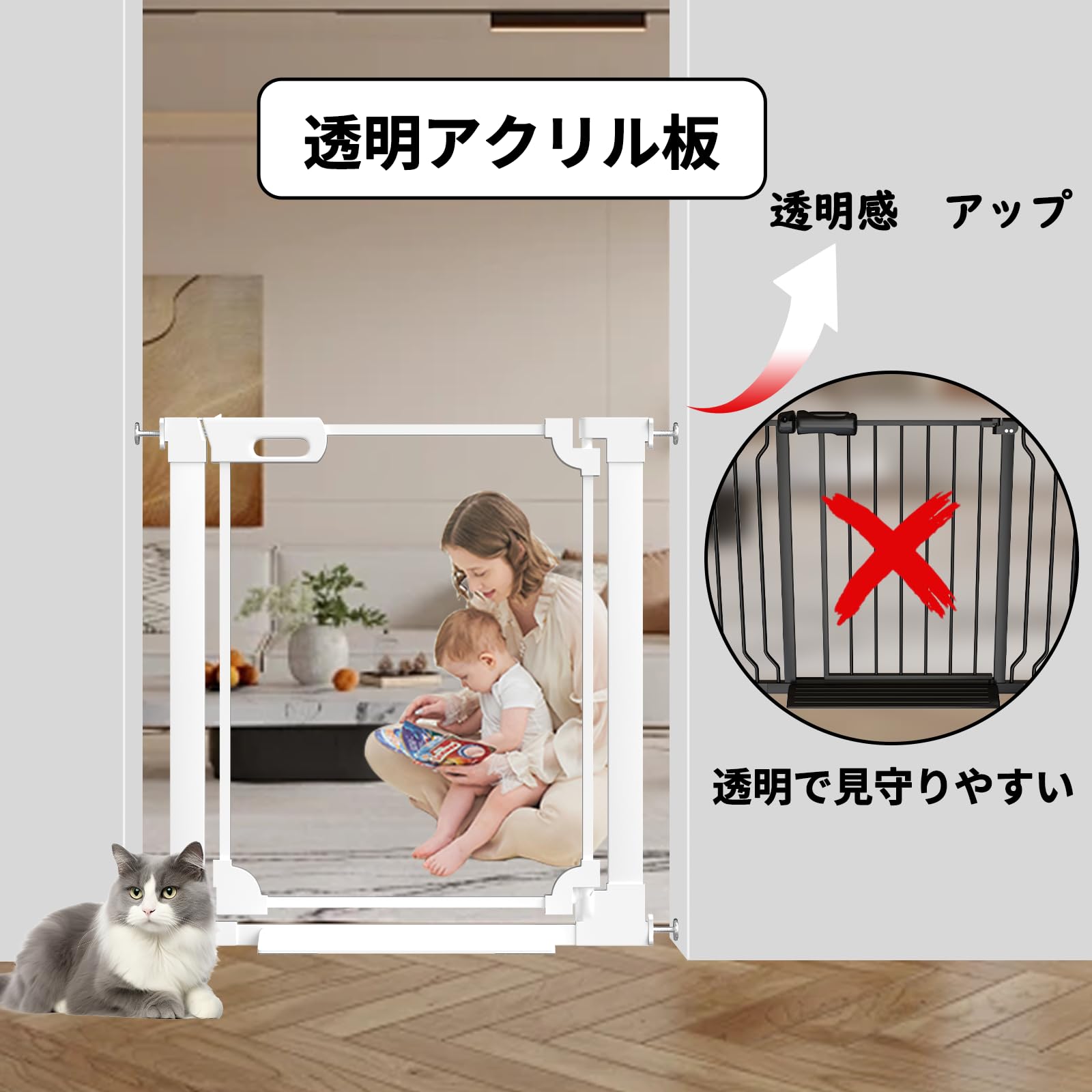 Seogva ベビーゲート透明ゲート アクリルゲート クリアゲート 透明ゲート高さ78cm 赤ちゃんゲート ホワイト ペットゲート 突っ張り ペットゲート ベビーゲート開閉 突っ張り