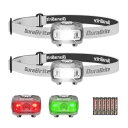 DuraBrite ヘッドライト 電池式 LEDヘッドランプ 2個セット 白&赤&緑ライト 5つ点灯モード 65°角度調整可能 超軽量 高輝度 単4形電池6本付き 防水 アウトドア用 夜釣り 登山 キャンプ 散歩 作業 災害 停電用 グレー