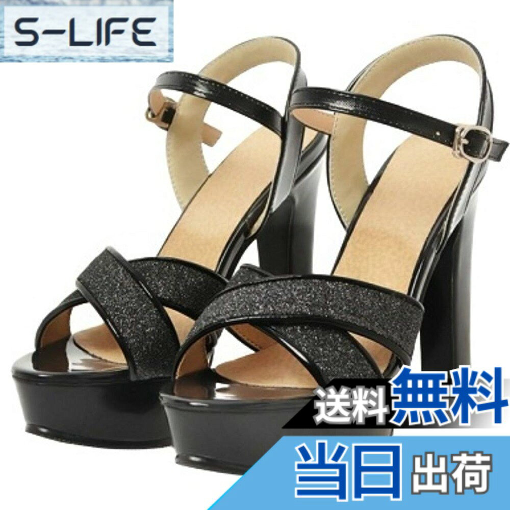 Shoes - 【送料無料】[APOSITV] 厚底サンダル レディース グリッター ラメ ハイヒール 12cm バックベルト (ブラック, measurement_23_point_5_centimeters)