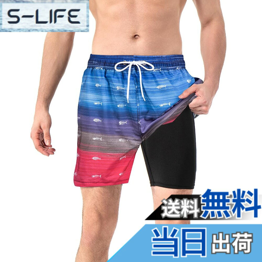 Trunks - 【送料無料】[Yotonna] 水着 メンズ サーフパンツ トランクス 海水パンツ 海パン [圧縮インナー付き・携帯用ポケット付き] 水陸両用 通気 速乾 スイムウェア 短パン ボードショーツ ビーチパンツ スポーツ トレーニング 海水浴 プール (Sサイズ・藍赤/グ)