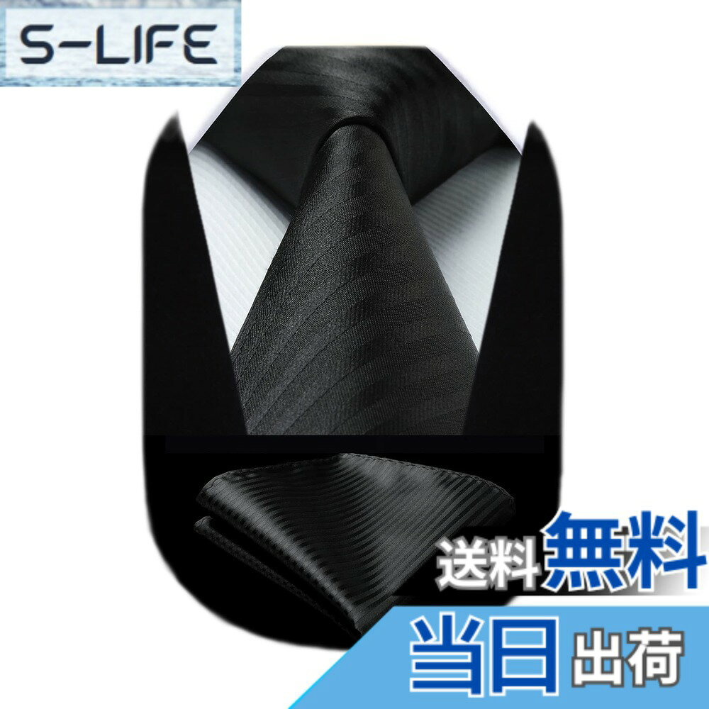 【送料無料】[HISDERN] ビジネス ネクタイ メンズ フォーマル ネクタイ ストライプ柄 ポケットチーフ セット シルク 高級 ブランド 就活 冠婚葬祭 黒HC-01