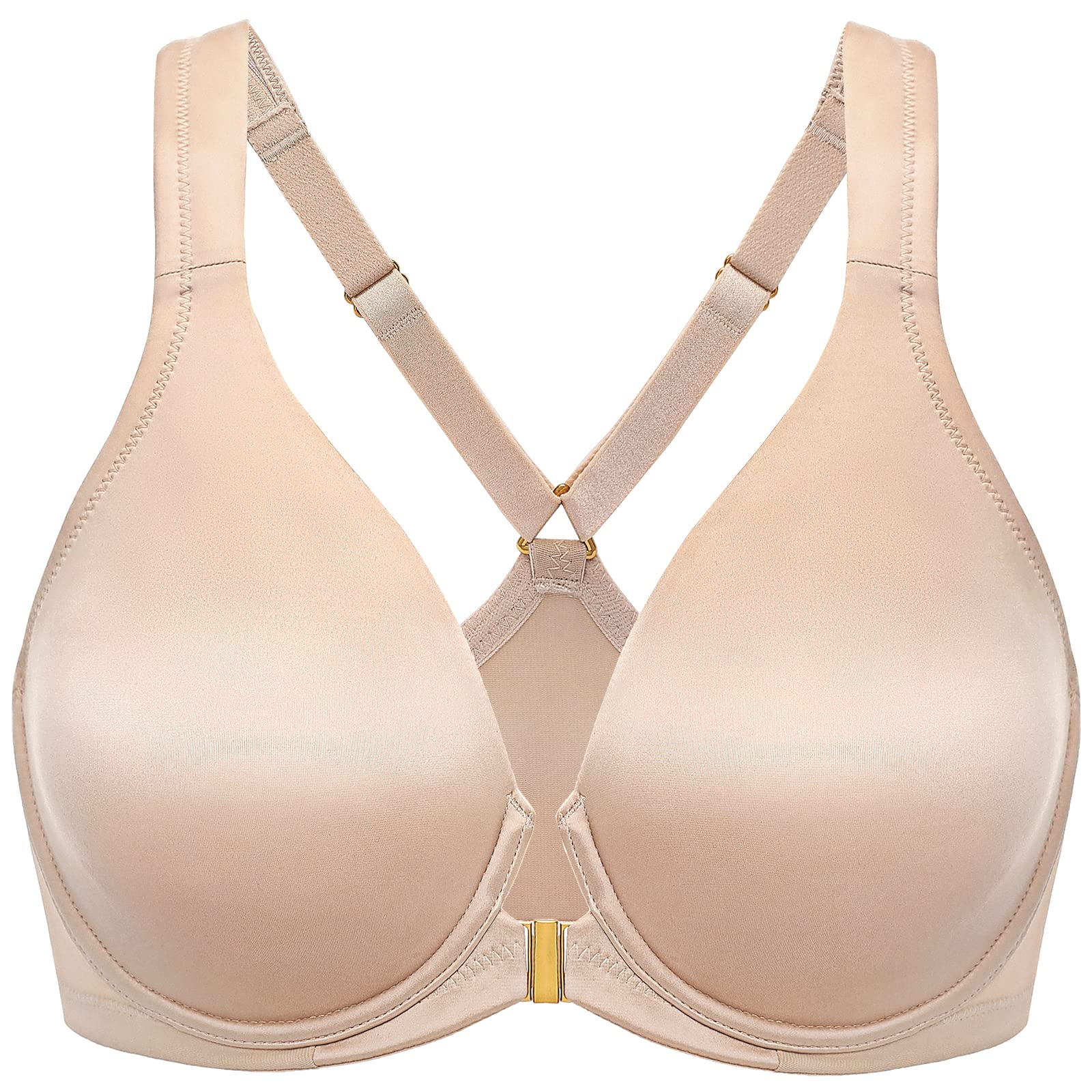 【送料無料】 DELIMIRA フロントホック ブラジャー レディース 大きいサイズ サテン質感 ワイヤー入り パッドなし Tシャツブラ 色：ベージュ サイズ：F95