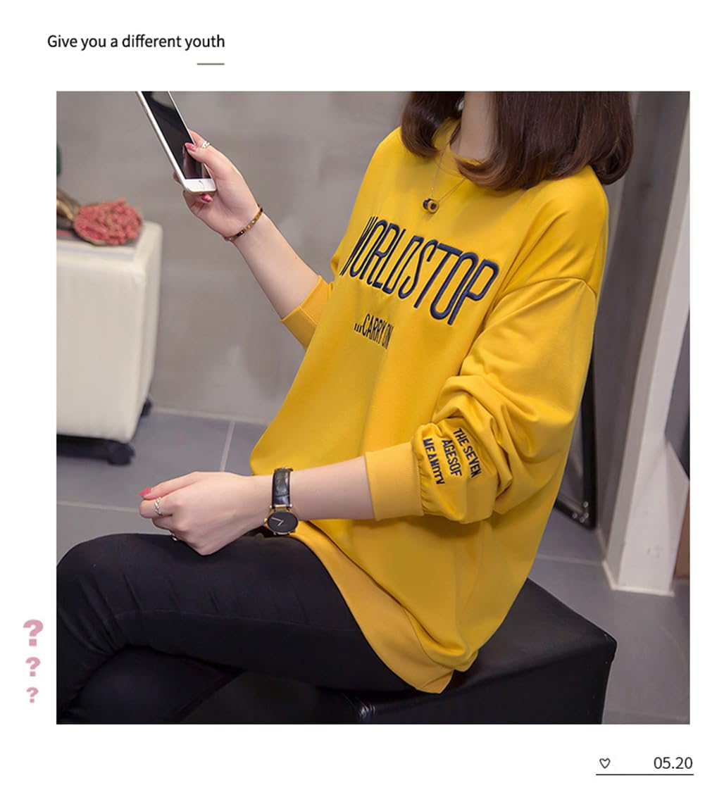 【送料無料】[JIYUTOR] レディースtシャツ 長袖 カットソー 刺繍 大きいサイズ クルーネック 薄手 カジュアル ロンt 春 秋 トレーナー 着痩せ かわいい ゆる プルオーバー トップス 色：イエロー、サイズ：L