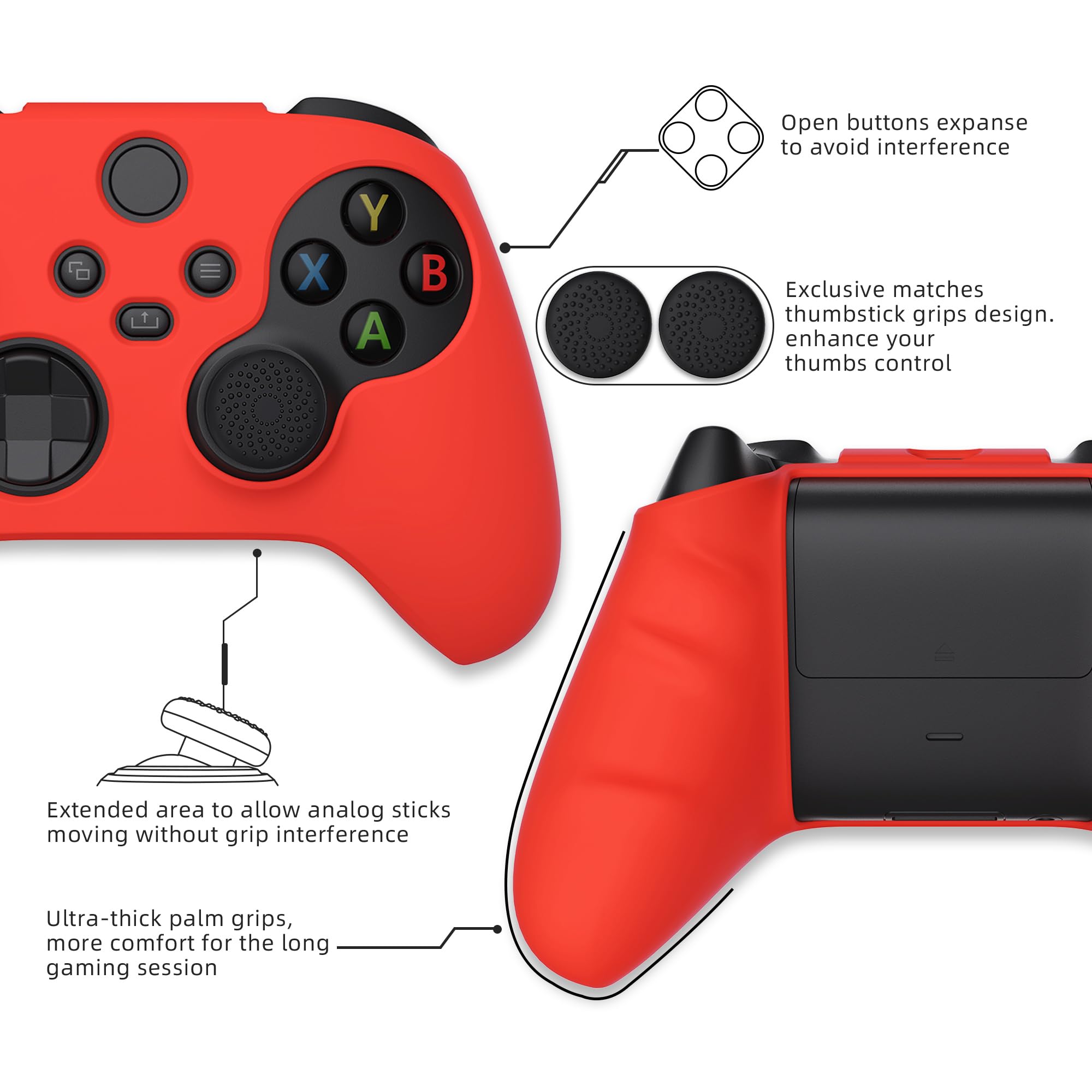 S-LIFEの【送料無料】PlayVital Pure Xbox Series Xコントローラーに対応用アンチスリップシリコーンカバースキン、黒い親指グリップキャップ付き、Xbox Coreワイヤレスコントローラ対応用ソフトラバーケースプロテクター 色：レッド｜アングル2