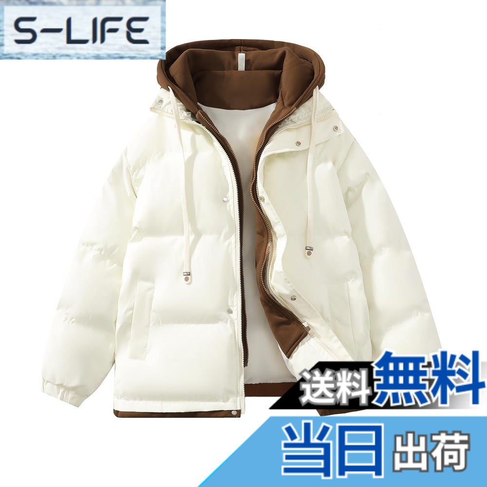 【送料無料】[Candy Kiosk] 冬服 メンズ 防寒 コート 中綿 フード付き ジッパー ジャケット 大きいサイズ ゆったり 厚手 防風 防寒 ダウンジャケット シンプルデザイン 暖かい 無地 男女兼用 アウター 色：#02：ベージュ、サイズ：3XL