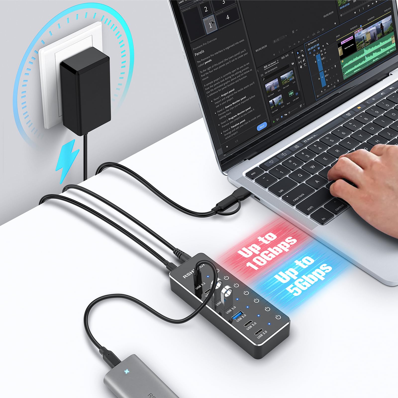 RSHTECH USB ハブ 10Gbps 7ポート セルフ バス両対応 タッチスイッチ付き ACアダプタ付（100cm） アル slife-11002829 S-LIFE サンプル画像3