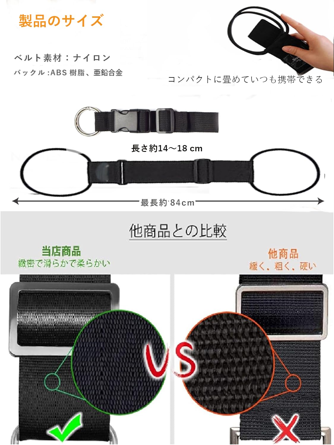 【送料無料】[Marcea] 旅行便利グッズ バッグとめるベルト 便利グッズ 多用 調整可能 軽量 荷物用弾力固定ベルト ずり落ち防止 色：ブラック+こていテープ、サイズ：長さ26-40cm、幅5cm slife-11010781 S-LIFE サンプル画像2