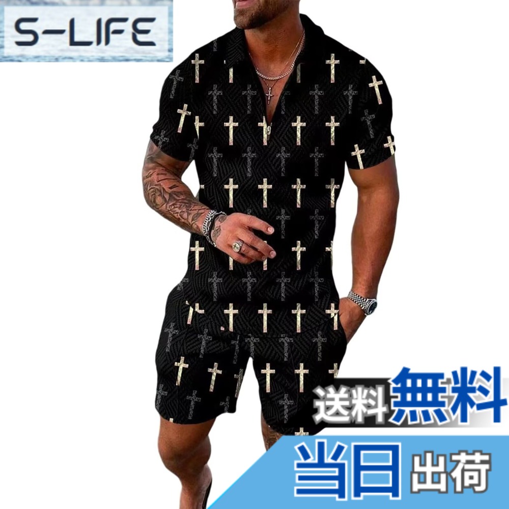 【送料無料】[UUEN] メンズ スポーツウェア セットアップ ハーフファスナー 半袖 夏服 ジャージ ハーフパンツ カジュアル 襟付きシャツ 短パンツ Vネック シャツ フィットネス アウトドア 上下2点セット 色：BK、サイズ：S